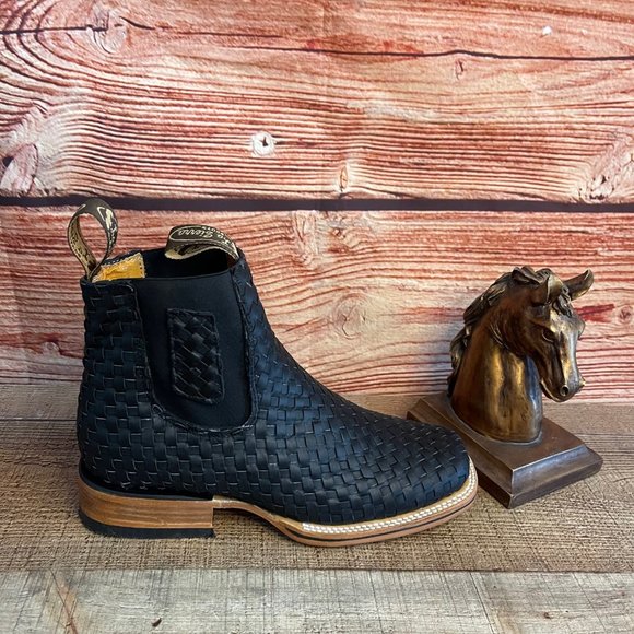 Men Western Square Toe Cowboy ANKLE BOOT Woven Braided Botin Vaquera Tejida Piel main image 4